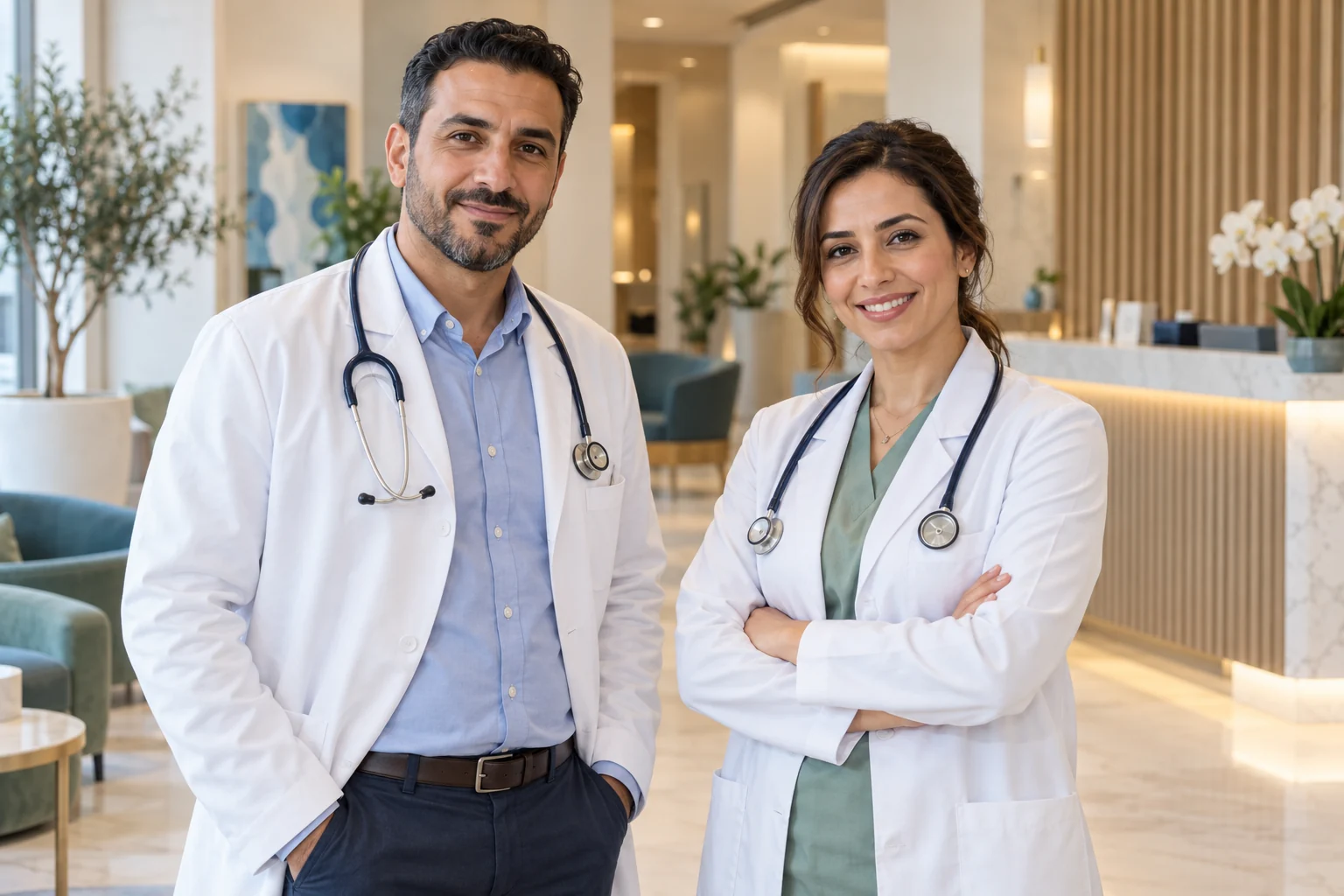 Illustration de deux médecins, un homme et une femme, dans un cabinet
